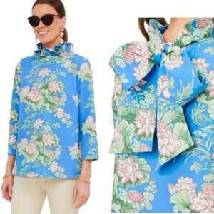 Tuckernuck Water Lily Faye Blouse XS Xtra Small Floral blue spring bow ruffle